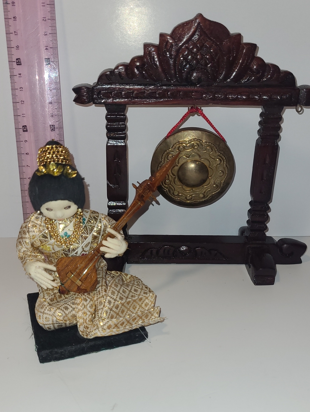 Seated Thai Musician Doll with Wooden String Instrument and Brass Gong